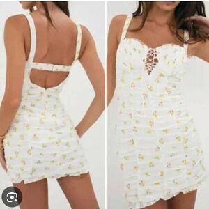 For Love Lemons Floral Ruched Corset Mini Dress Coquette Lace Up XS